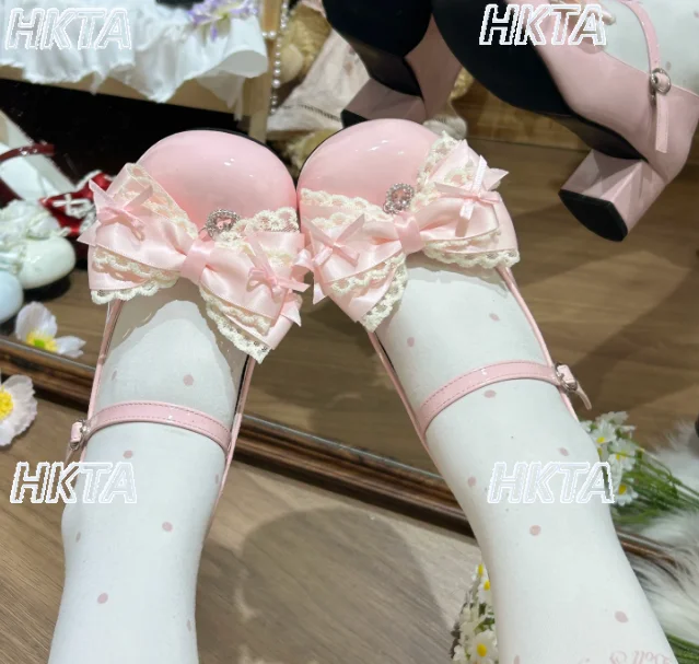 Japanese Sweet Lace Bow Rhinestone Round Head Mid Heel Pumps Shoes Kawaii Cute Square Heel Versatile PU Lolita Shoes Women