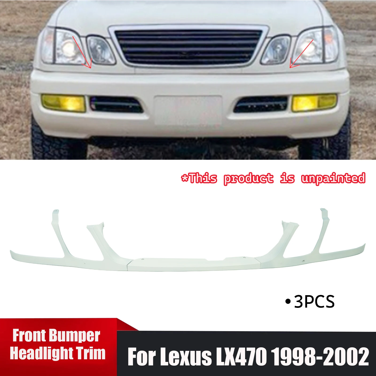 

For Lexus LX470 1998-2001 2002 3PCS Front Bumper Headlight Trim Under Network Primer Unpainted Car Accessories Body Kits