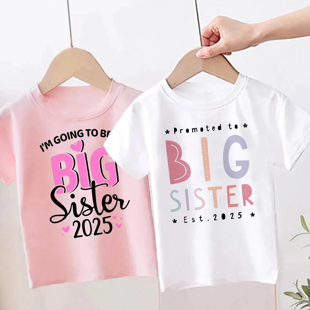 Promoted To Big Sister Est 2025 Print Girls T-Shirt Baby Announcement Child Shirt Tops Kids Short Sleeve Toddler Summer Clothes