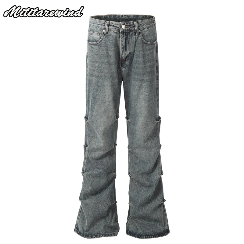 American Retro Pleated Jeans Men High Street Bootcut Pants Casual Straight Mid-waist Denim Pants Men Washed Baggy Jeans Trousers