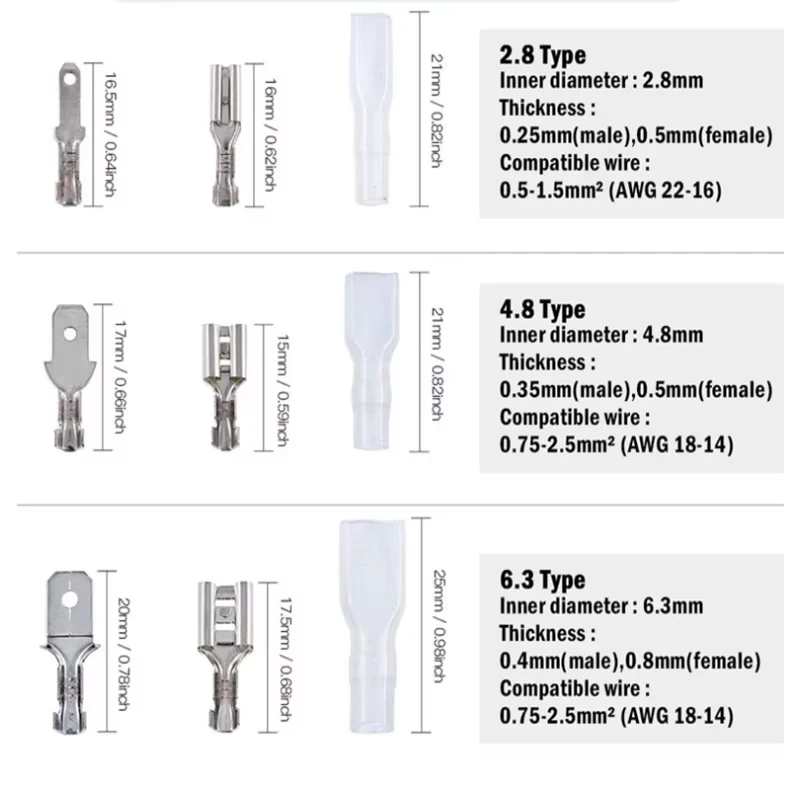 120pcs Silvery Female 2.8/ 4.8/ 6.3mm Crimp Terminal, No Male, Automotive wire connector, Terminals Box-Packed