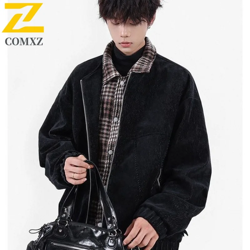 

COMXZ 2025 Men Casual Jacket Hong Kong Style Coat Spring Autumn Premium Trendy Plaid Lapel Color Block lightweight windbreaker