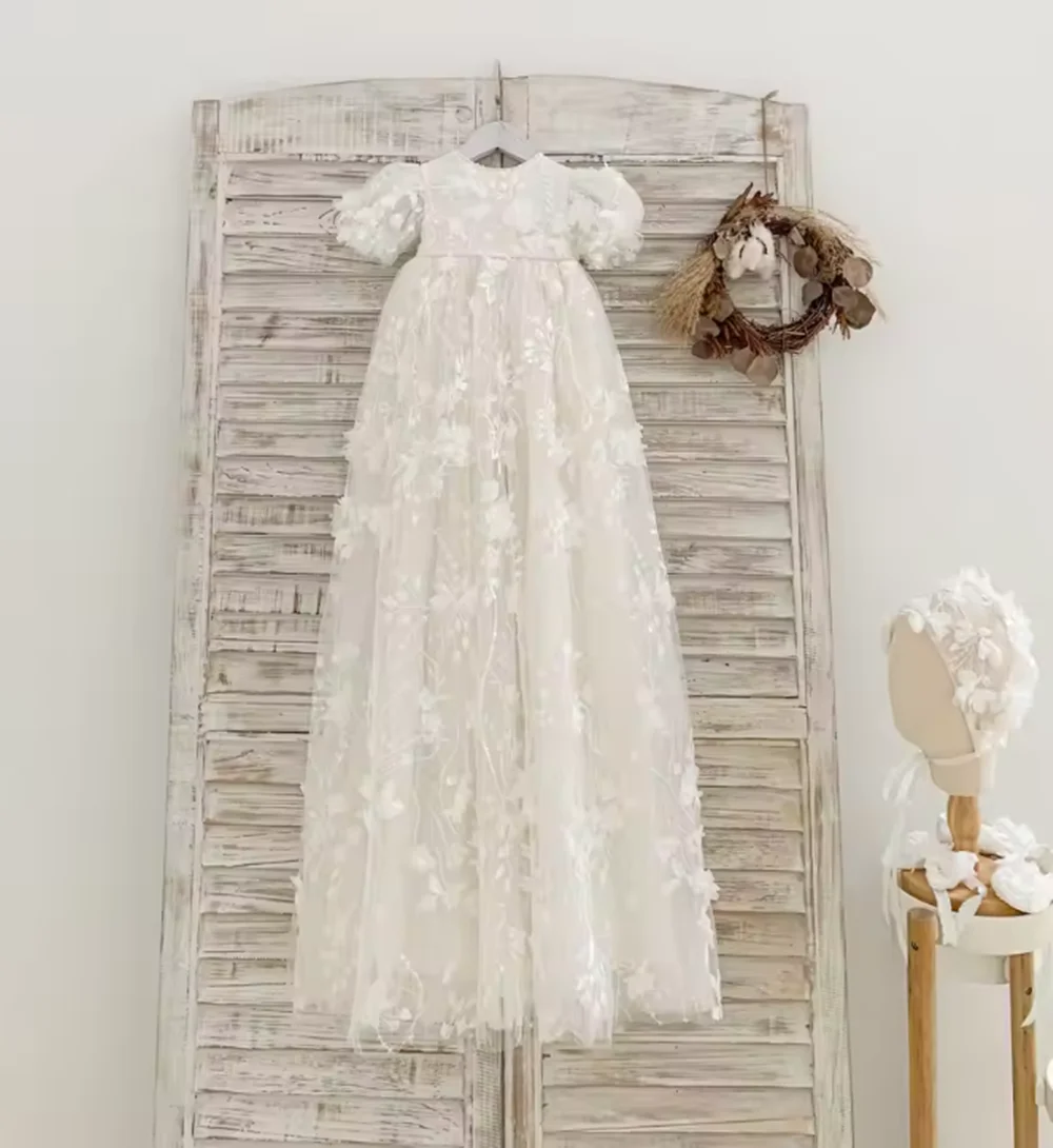

Luxury 3D Floral Baby Christening Gowns Lace Appliques Girls Baptism Customized Newborn Kids Birthday First Communion Dresses