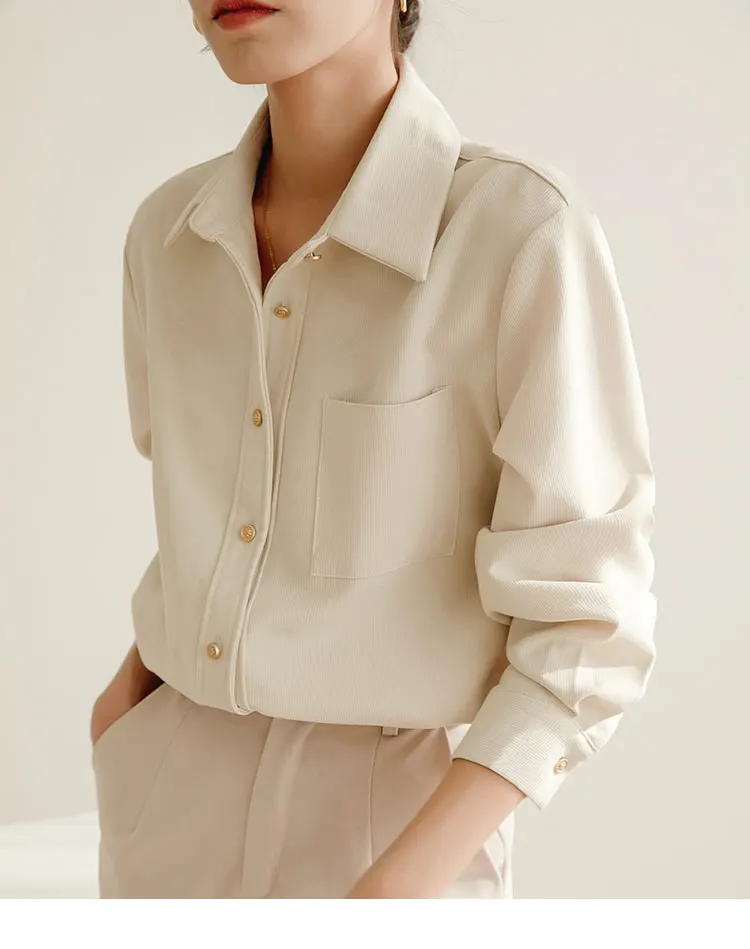 Camicette da donna da ufficio Camicette da donna in velluto a coste tinta unita Camicie vintage Moda Allentata Primavera/Autunno Abbigliamento Manica lunga Top da donna