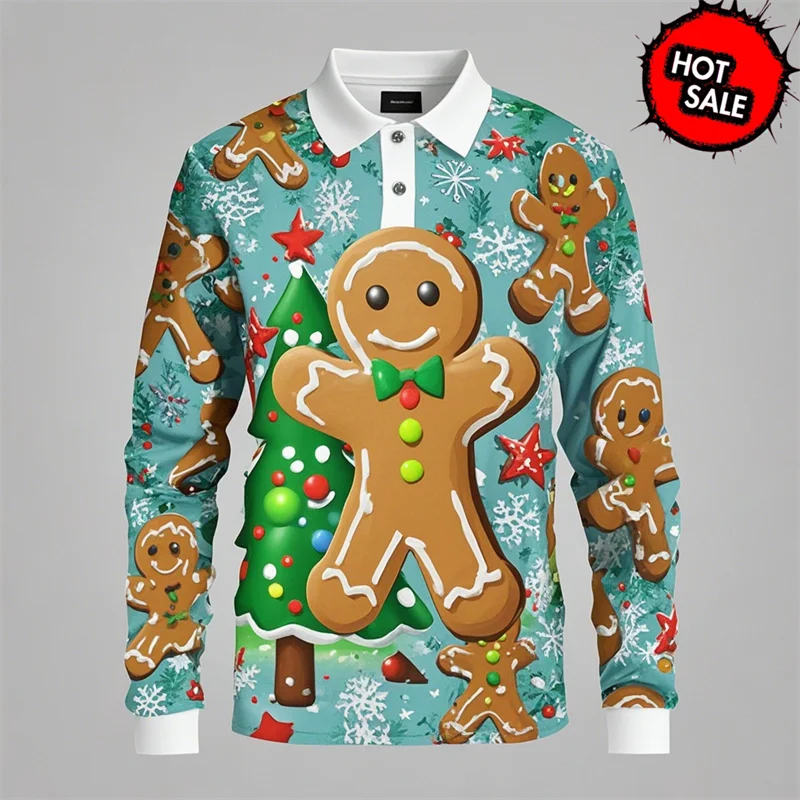 

3D Print Cute Santa Claus Polo Shirts Merry Christmas Ugly Long Sleeved Polo Shirts For Men Women Clothing Casual Tee Shirt