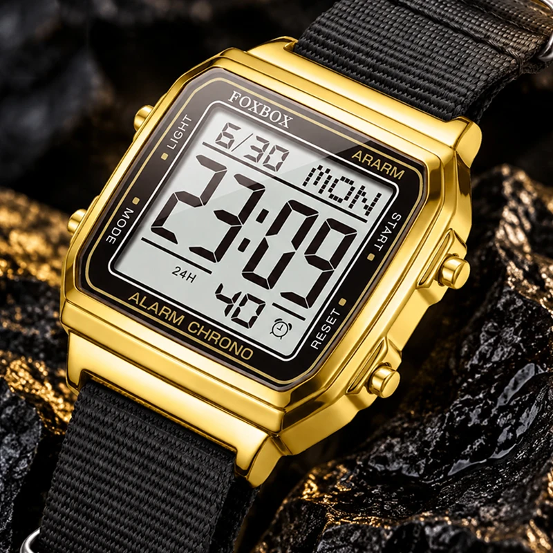 FOXBOX New Creative Gold LED Analog Digital Watches for Men Military Nylon Strap Waterproof Men's Quartz Wristwatch Reloj Hombre