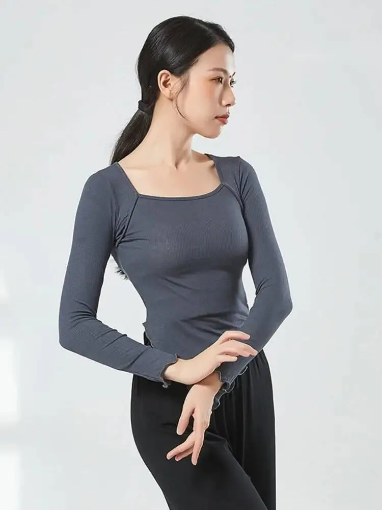 Damska dopasowana koszulka do tańca z kwadratowym dekoltem, jednolita, klasyczny strój ludowy, top na próbki sceniczne, chińskie występy, ćwiczenia.