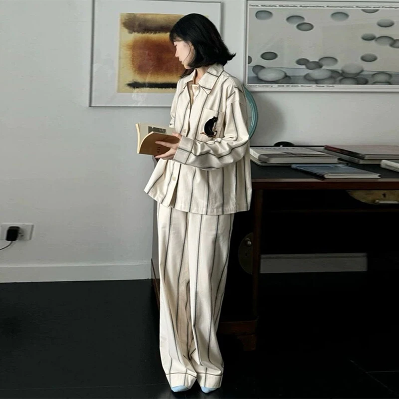 New Spring and Autumn Simple Striped Pajamas Set Women Cazy Long Sleeves Pants Home Clothes Suit