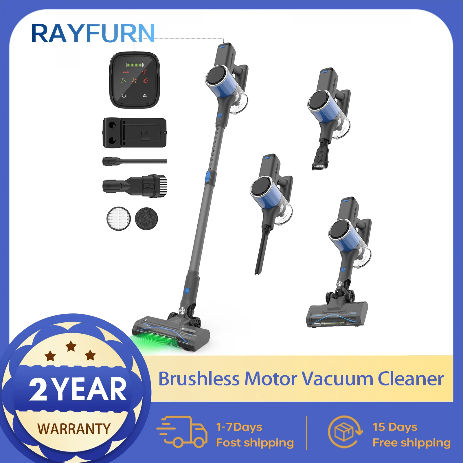 

Беспроводной вертикальный пылесос RAYFURN V10, сверхлегкий пылесос 25 кПа для ковров, твердого пола, автомобиля, шерсти домашних животных