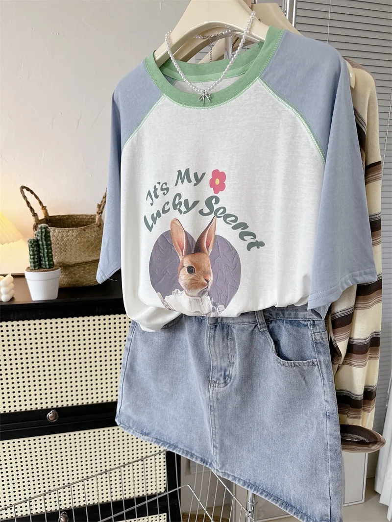 

Sweet Japanese Style Snowflake Cotton Short Sleeve T-Shirt Women's Thin Summer Top Color Block Shoulder Insert Design