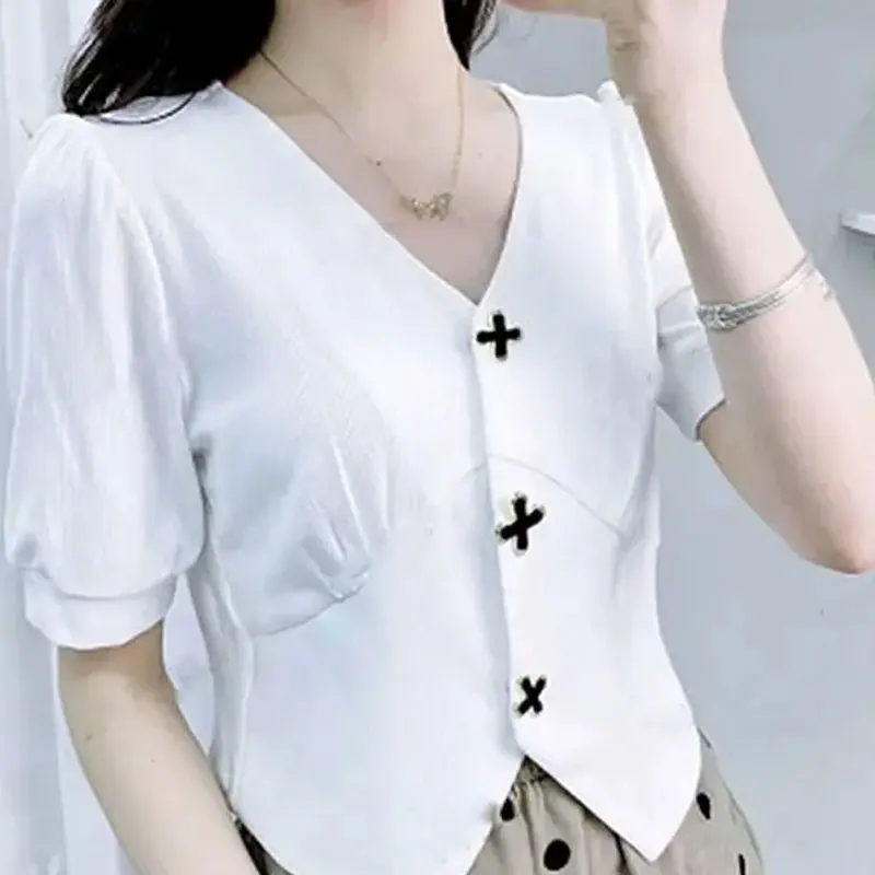 Elegant V-Neck Slim Blouse Office Lady Single-breasted 2024 Summer Short Sleeve Women\'s Clothing Casual Waist Solid Color Shirt