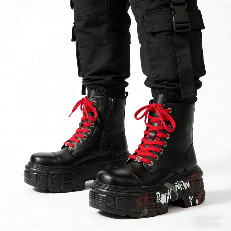 

Thick Heel Platform Women Motorcycle Boots Large Size Graffiti Runway Ankle Boots Mujer High Top Gothic Shoes All Match Casual