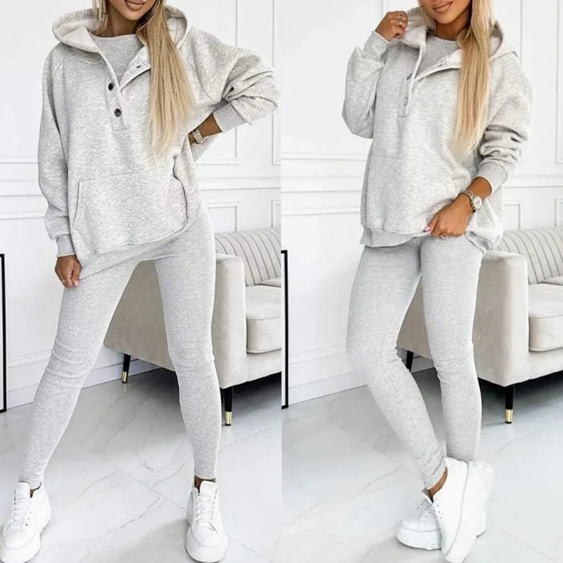 Casual Hooded Tight Pencil Pants Women\'s 3-piece Set Sweatshirt Autumn Long-sleeved Loose O Neck Top Trousers Yoga Sports Suit