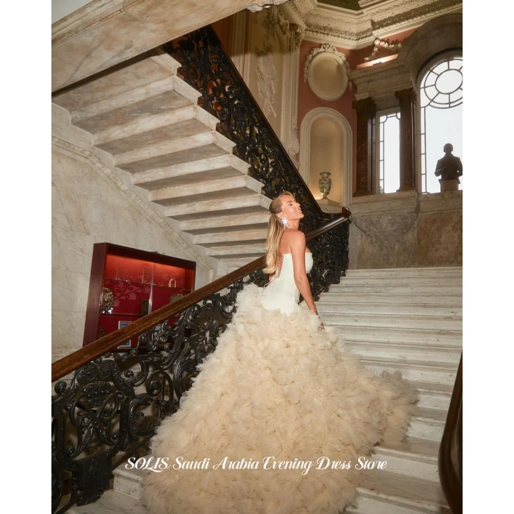 SOLIS Ivory Tulle Prom Dress Strapless Evening Dress with Pleated Bodice Fluffy Layered Ball Gown Elegant Formal Gown Customized