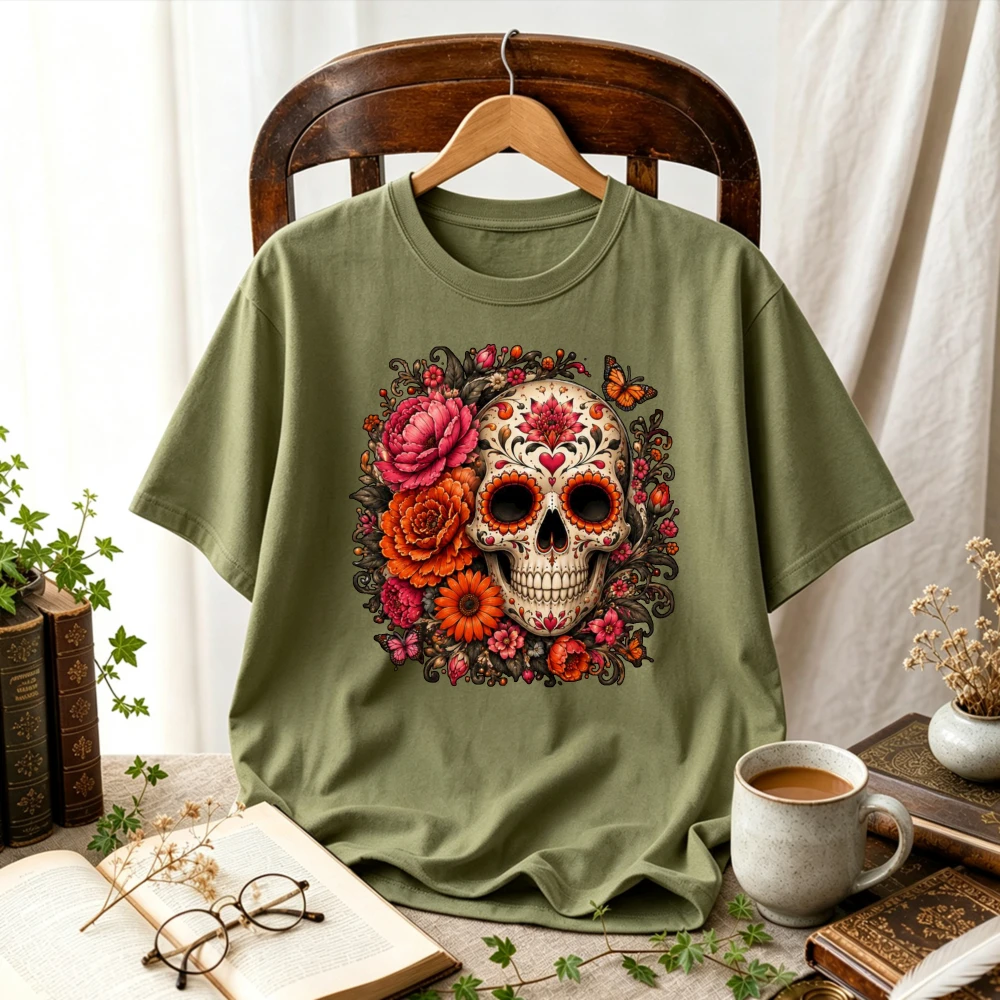 Dia De Los Muertos Sugar Skull with Rose Marigold Flower Butterfly Vintage Mexican Folk Art Graphic Cotton T‑Shirt Casual Tops