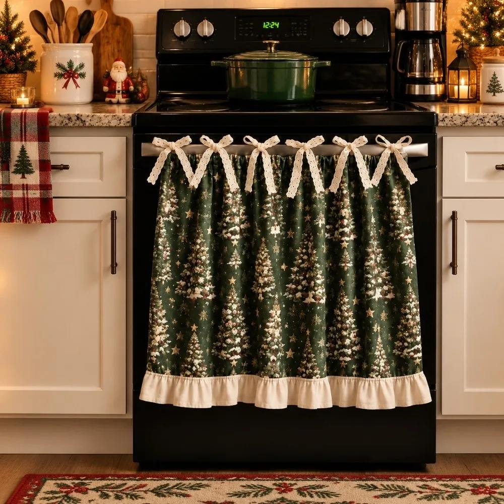 Ruffle Edge Christmas Oven Short Curtain Snowman Deer Xmas Tree Kitchen Stove Short Curtain Countryside Style Flower