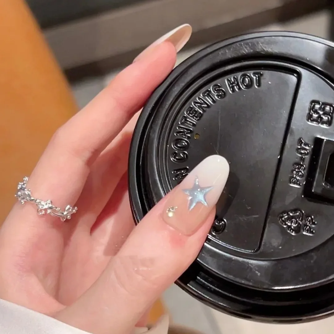 10pcsLight Luxury Handmade Oval Press On Nails White Gradient Blue Star Rhinestone Decor Fake Nails Wearable Nails Art Tips Girl