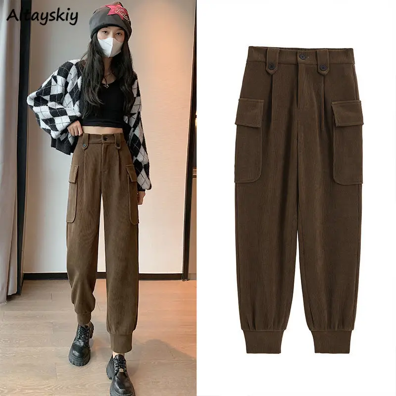 

Chic Corduroy Pants Women Fashion Solid Simple Loose Leisure Thickening Warm Young Popular All-match Trousers Girls Big Pockets