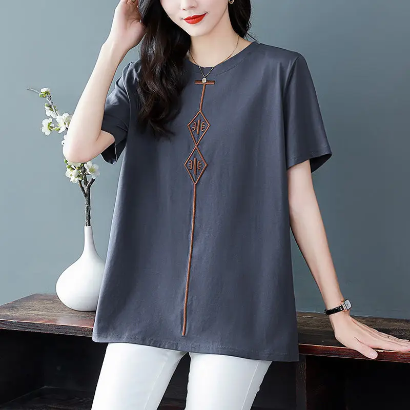 Women Summer Simplicity Fashion Loose Embroidered All-match Cotton O-neck Short Sleeve T-Shirt Ladies Elegant Appear Thin Tops