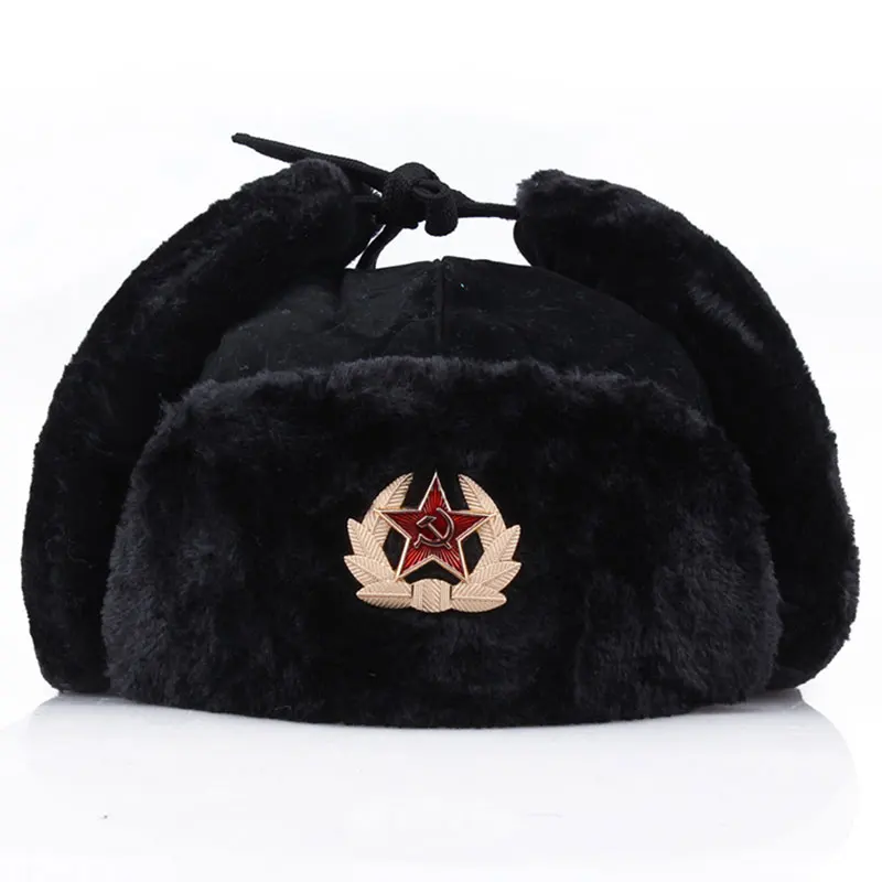 Soviet Military Badge Russian Ushanka Bomber Hat Pilot Hat Faux Rabbit Winter Hat With Fur Earmuffs Snow Hat Ski Mask Beanies