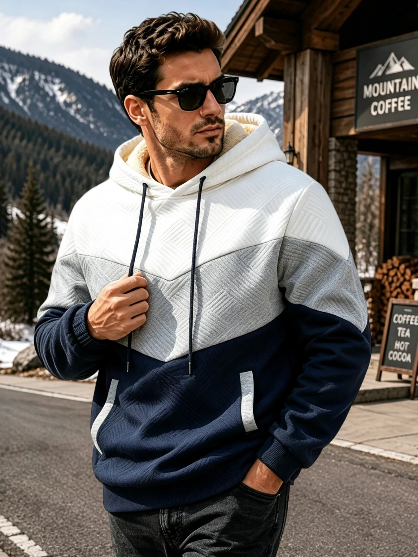 2 Pack Men's Chevron Colorblock Hoodie Sherpa Lined Winter Warm Fleece Hooded Sweatshirt Zipper Pockets Casual Streetwear Colors