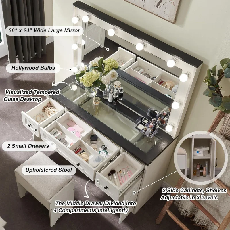 INGMU Farmhouse Vanity Desk Hollywood Makeup Mirror - Ample Storage Space with 3 Drawers & 2 Cabinets - Detachable