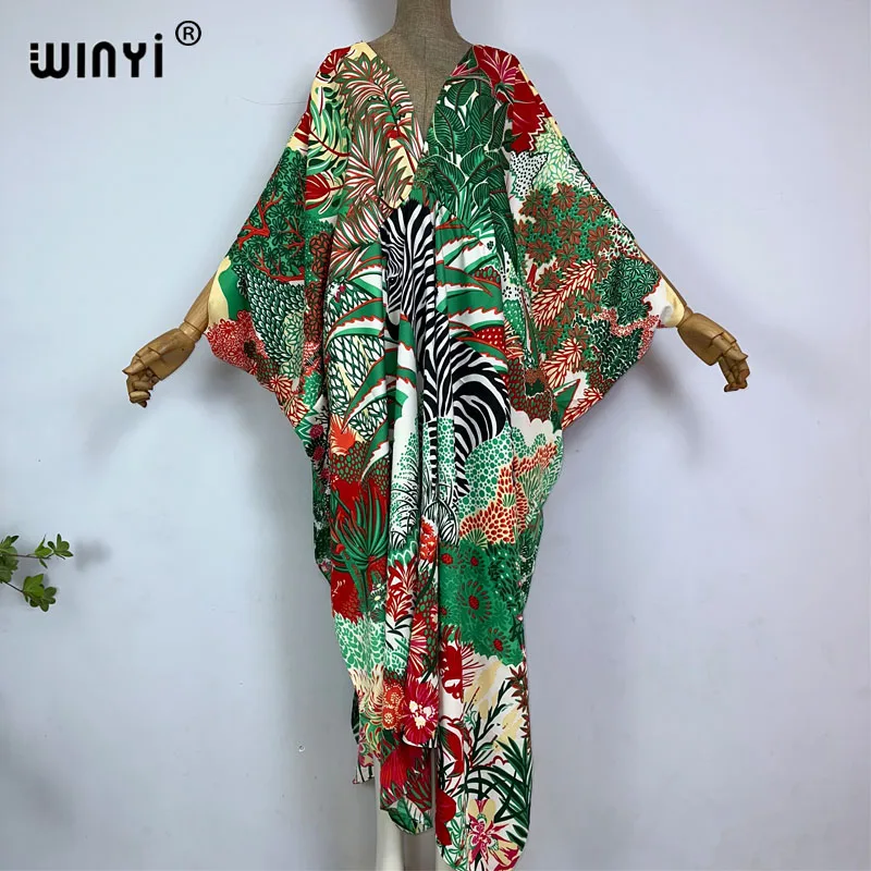 Summer boho Sexy beach kaftan high-quality fashion print 2023 WINYI Maxi women\'s robes long beach V-neck Bohemian dress