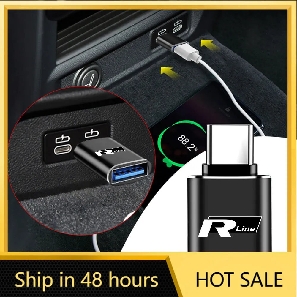 Adhesivos interiores para coche, convertidor Mini de interfaz tipo C a USB 3,0, adaptador de carga con logotipo Rline para Volkswagen VW Caddy Beetle CC