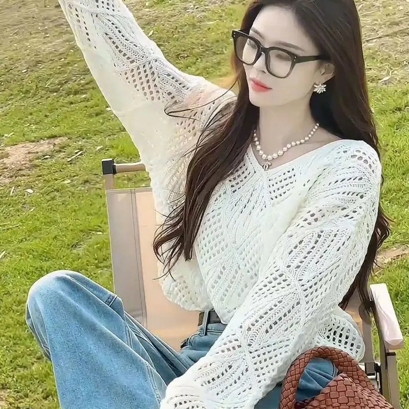 Spring and Autumn Hollow Out All-match Knitted Cover Sweater Women's Loose and Lazy Style V-neck Pullover Thin Sweater Outerwear