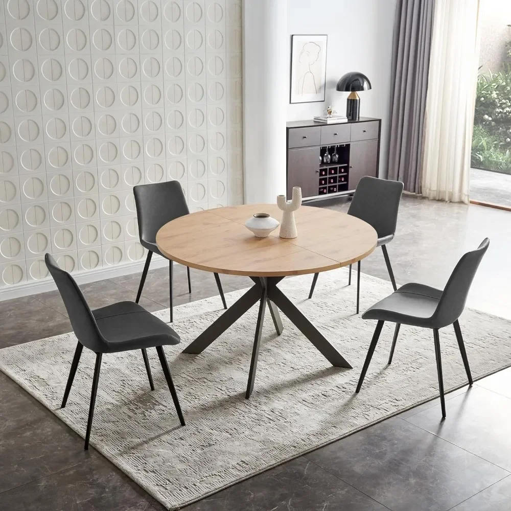 

46.4 "Round dining table set, round dining table for 4-6 people and leather chairs with steel legs, space saving, free shipping