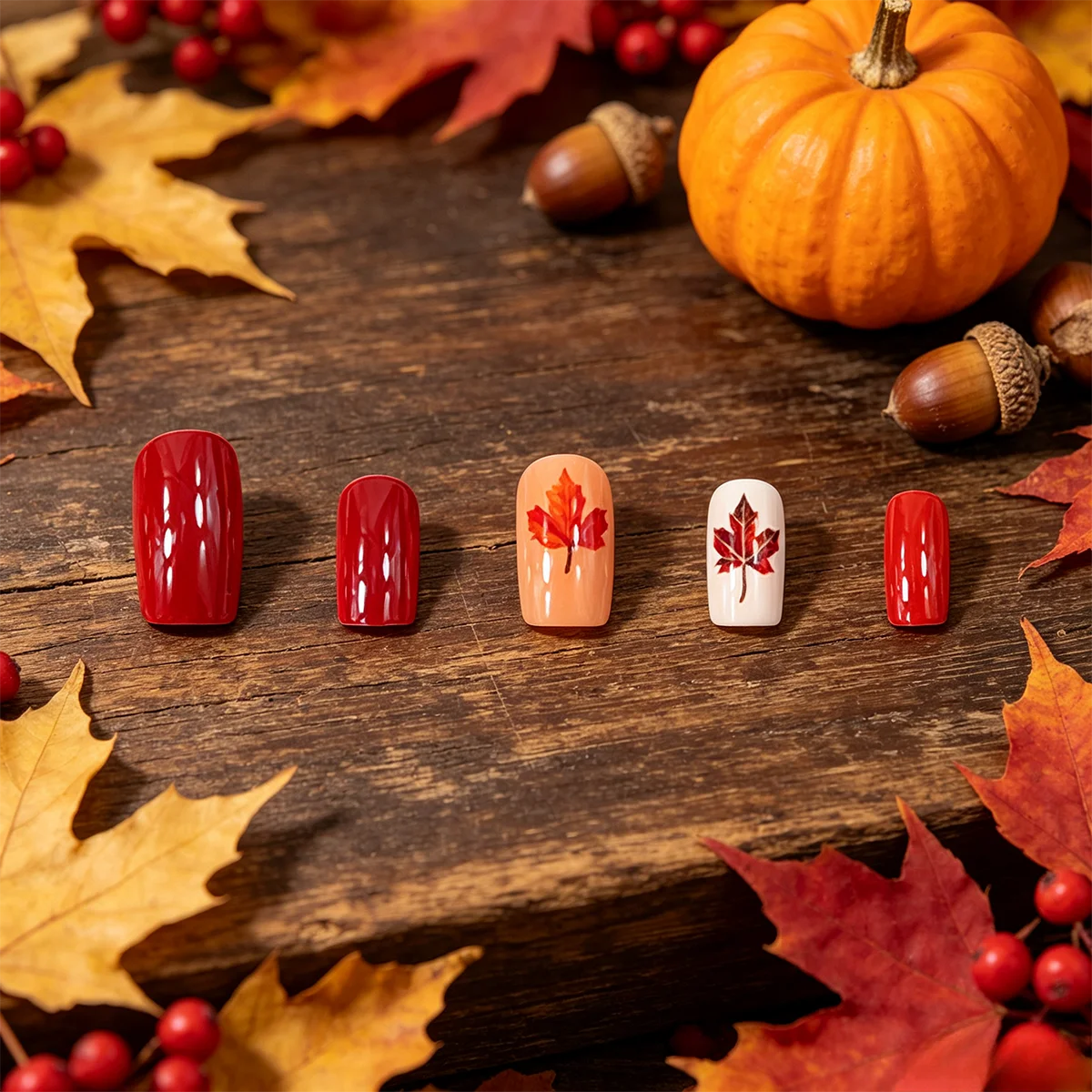Ein komplettes Set mit 24 kurzen, quadratischen Kunstnägeln im Herbst-Winter-Stil mit orange-rotem Ahornblatt-Design, einschließlich 1 Gelee gl – Detail 1