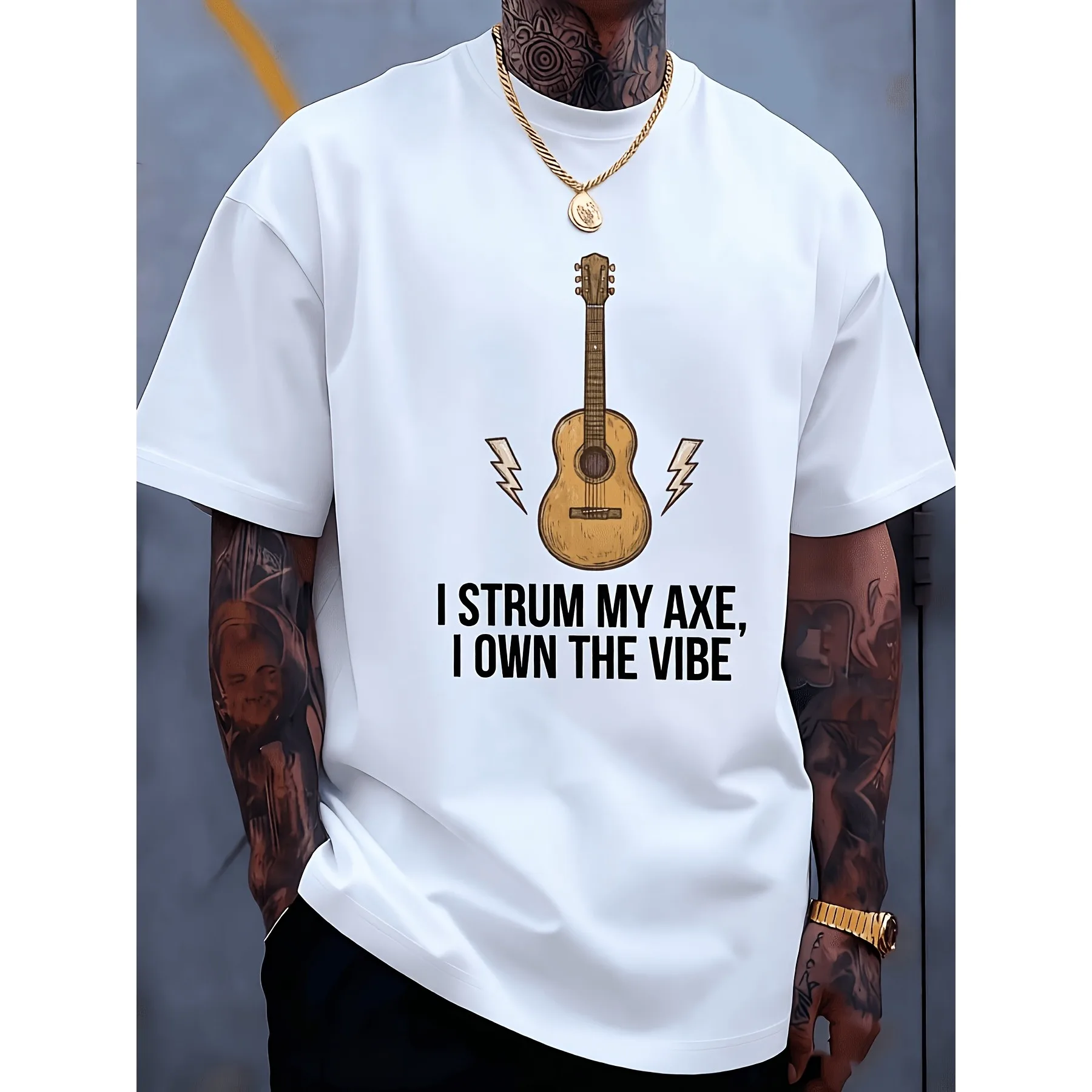 I Strum My Axe I Own The Vibe Guitar Graphic T-Shirt Cotton Short Sleeve Casual Daily Tee