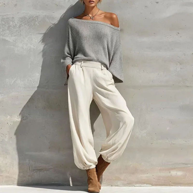 Off Shoulder 2 Piece Outfit Women Loose Flare Sleeve Knit Top & Long Pants Sets Casual Streetwear Vacation Autumn Matching Suits