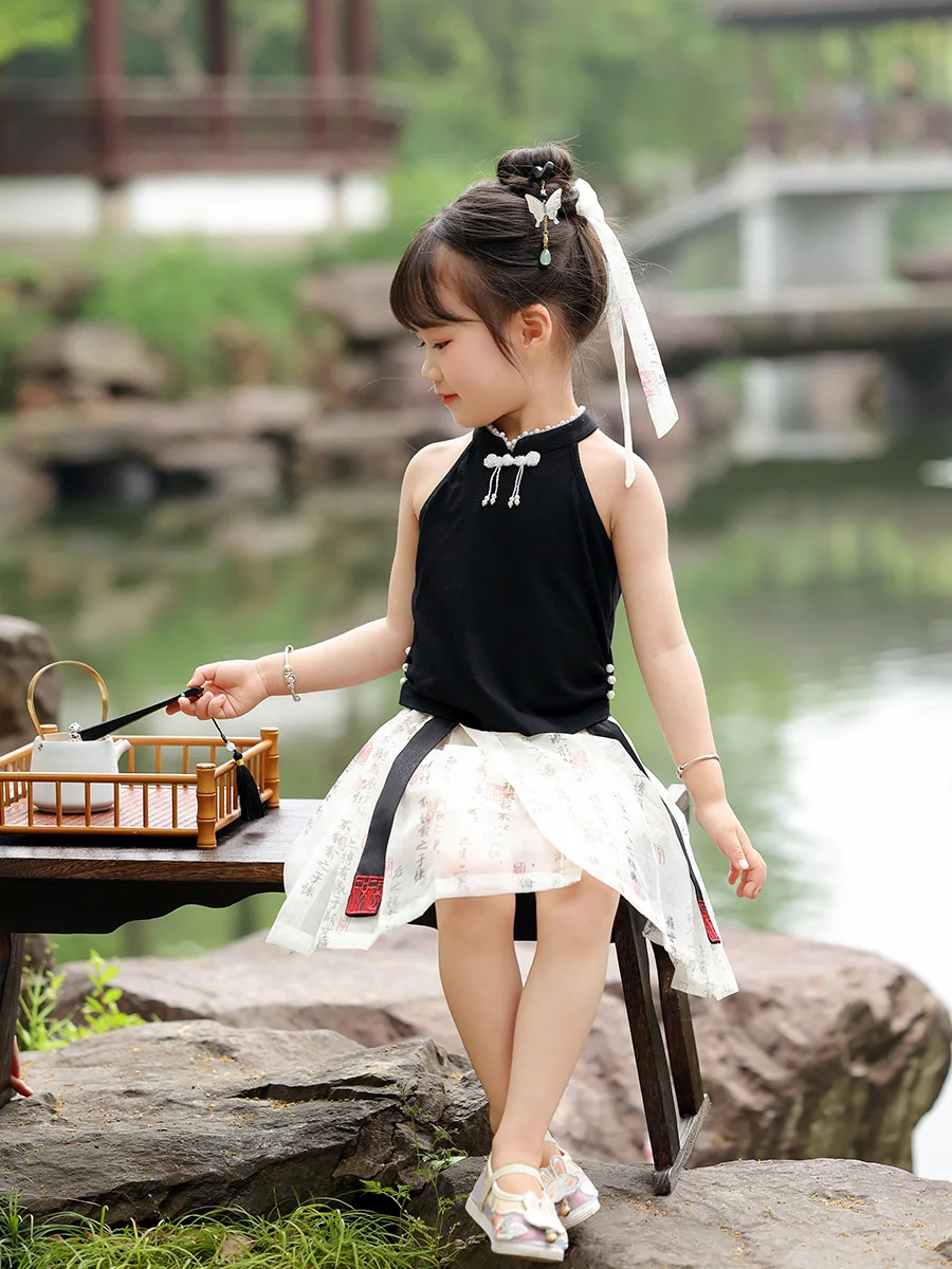 ملابس بناتي أطفال هانفو ، بدلة تانغ للأطفال ، تنورة على وجه الحصان ، خرافية فائقة ، على الطراز القديم ، الصيف