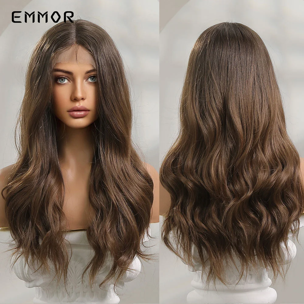 

Emmor Synthetic T-part Lace Wig Ombre Brown Wavy Wigs for Women Daily High Density Natural Middle Part Hair Wig