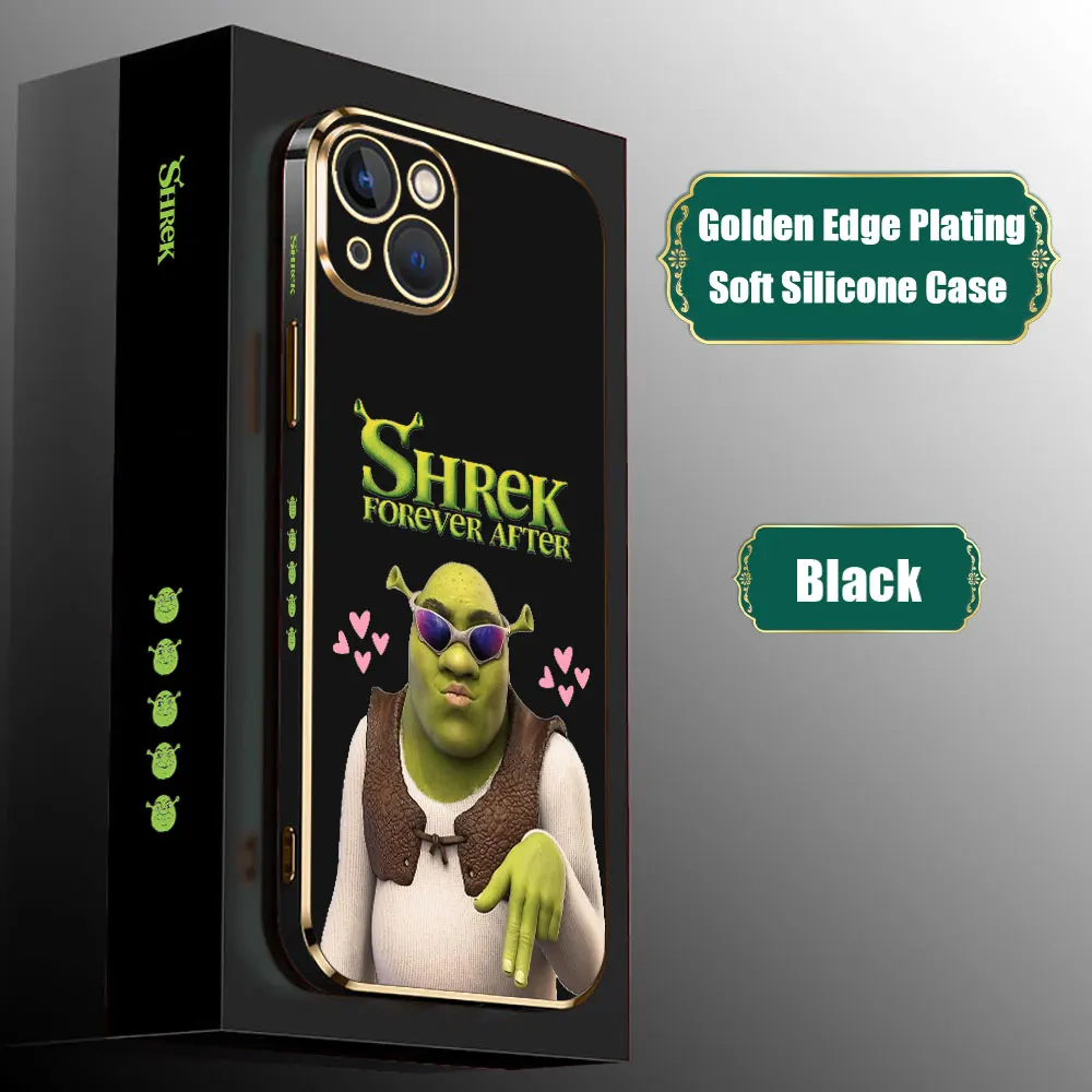 Funny Movie Shrek Anime Funda For iPhone 15 14 Pro Max 13 12 Mini 11 7 8 Pro XSMax XR SE Phone Case Luxury Golden Plating Cover