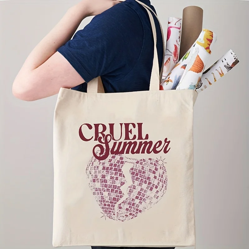 1pc Cruel Summer Pattern Tote Bag Gift Bag Canvas Shopping Bag, Portable Shoulder Bag With Large Capacity