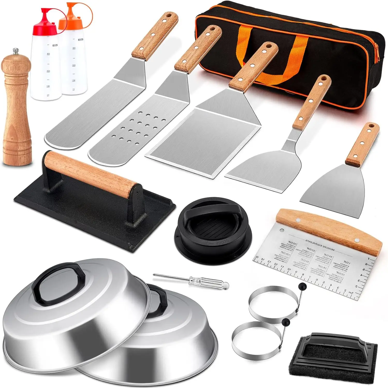 

18Pcs Stainless Steel Flat Top Grill Accessories Kit with Spatula, Basting Cover, Burger Press for Outdoor BBQ