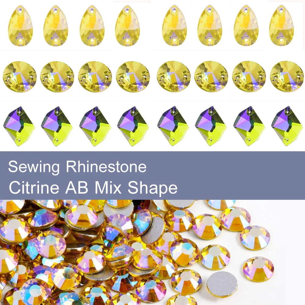 Citrine AB Mix Shape Sew On Rhinestones Sewing Flat Back Stones Strass for DIY Clothes Wedding Dress Decoration Crystals