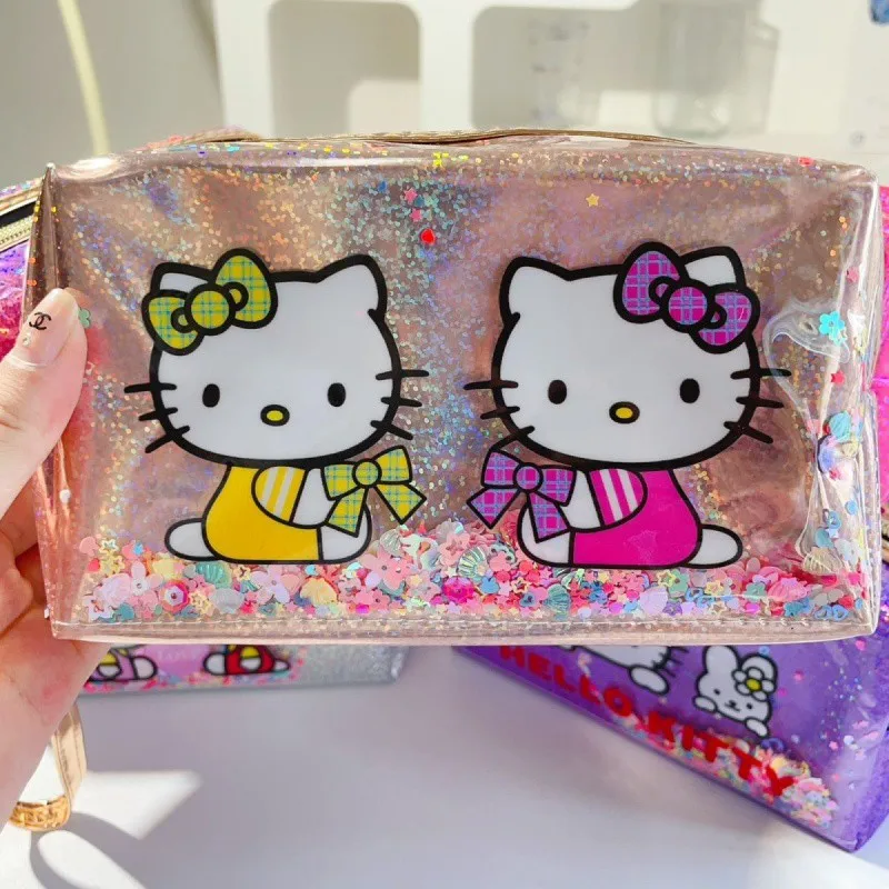 

Hello Kitty Makeup Bag New Sanrio Kawaii Anime Y2K Waterproof Pvc Cute Cartoon MINISO Flowing Sand Storage Bag Toys for Kids