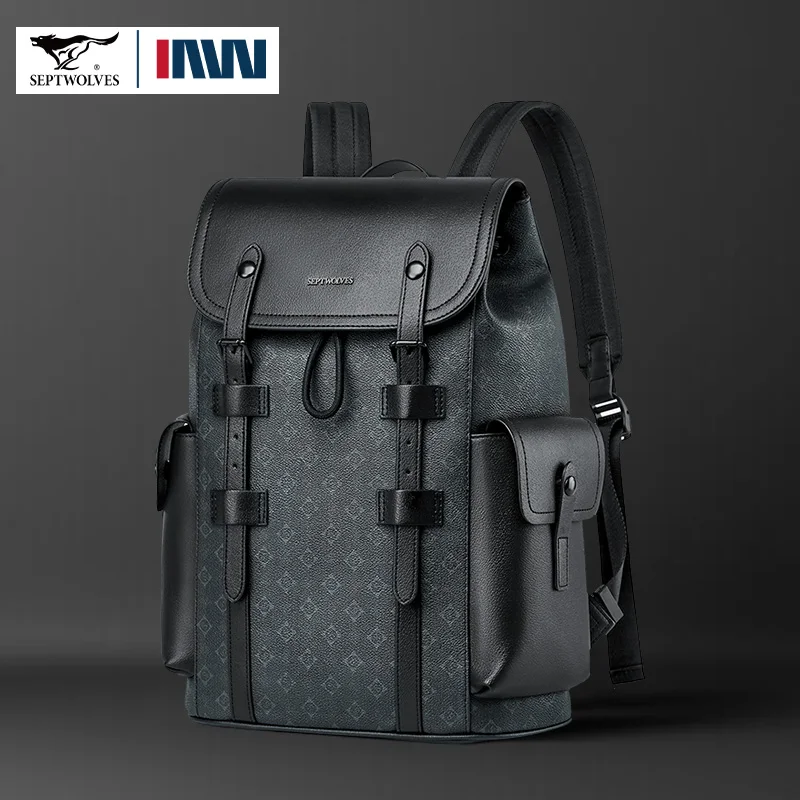 

Septwolves High Quality Business Printed Leather Backpack Man Designer Drawstring Flip 15.6 Inch Laptop Bags Print Work Rucksack