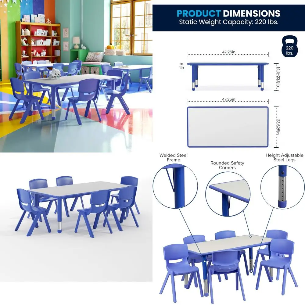 طاولة أنشطة بلاستيكية زرقاء طويلة بعرض 23.625 من إيما وأوليفر مع 6 كراسي