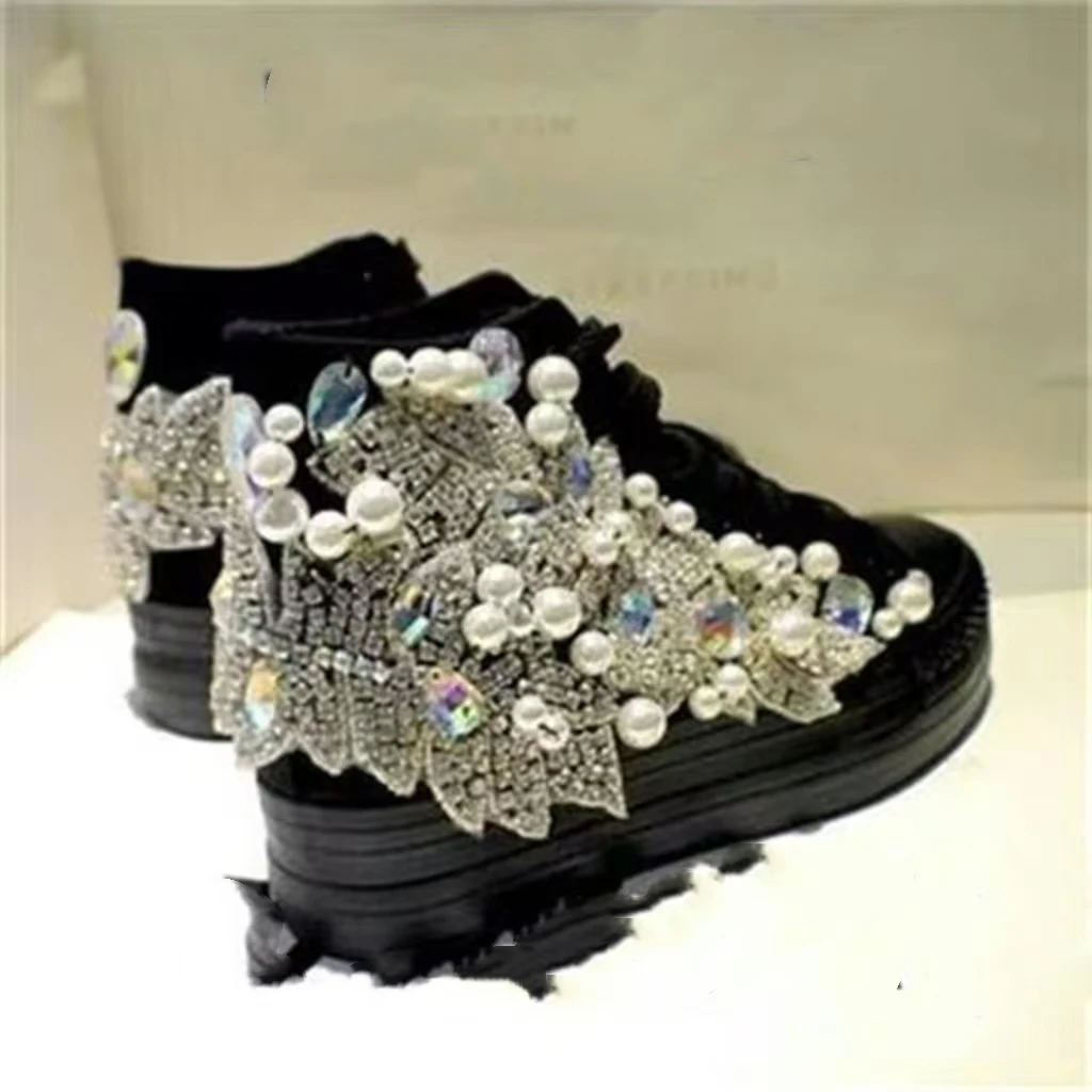 

Heavy beaded rhinestone accessories canvas shoes Original handmade party party women's shoes platform casual shoes 35-39