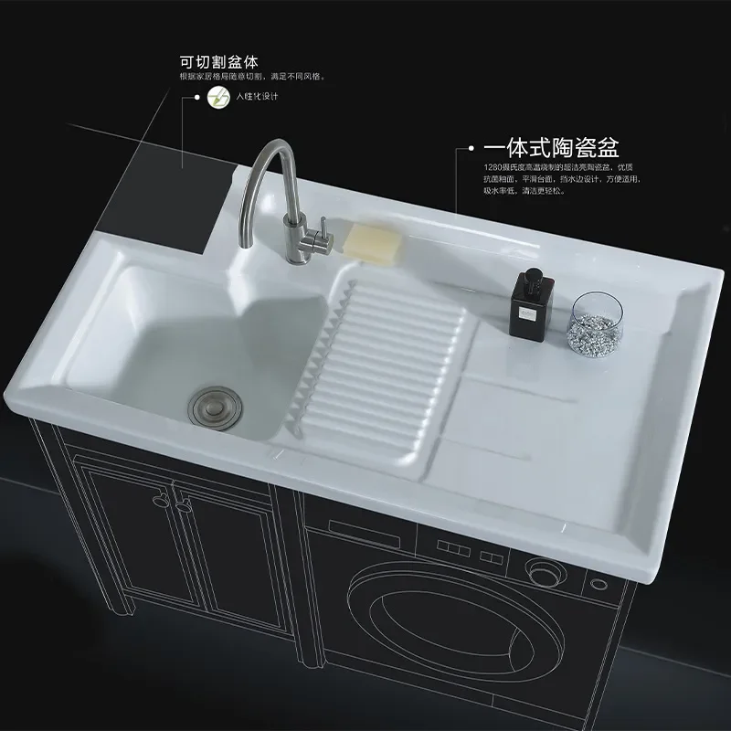 For Balcony Laundry Cabinet Integrated Ceramic Basin Double Sink Corner Cutting Rubbing Resistant Bathroom