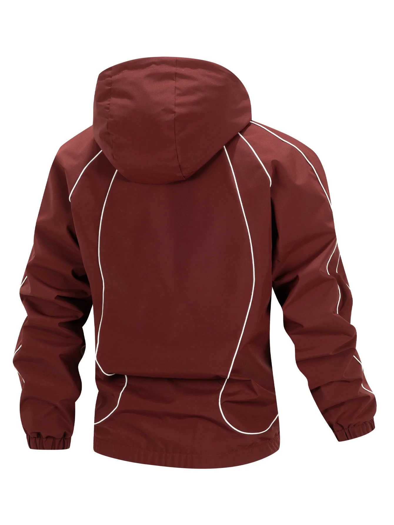 Herren-Streetwear-Jacke mit Kapuze, mehrfarbig, mit weißen Konturlinien, elastischen Bündchen und Saum, lockerer, winddichter Mantel, verstellbare Kapuze mit Kordelzug, lässige Sport-Oberbekleidung für den Herbst. – Detail 2