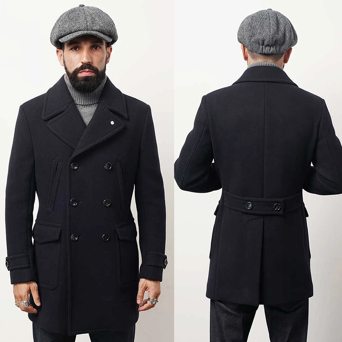 Klassischer Winter-Wollmantel für Herren, zweireihig, Tweed, dicker Trenchcoat, maßgeschneidert, formelle Freizeitkleidung, warme Winterjacke