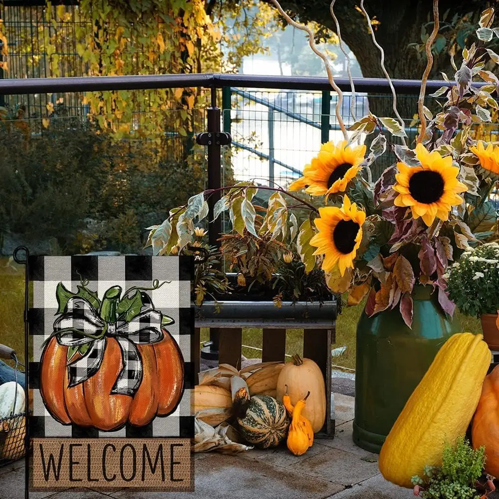 Fall Pumpkin Garden Flag 12x18 Inch Double Sided for Outside Thanksgiving Burlap Buffalo Plaid Small Welcome Seasonal Yard F uui