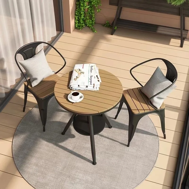 Open-air cafe sunscreen waterproof plastic wood coffee table combination courtyard balcony outdoor leisure dining table light