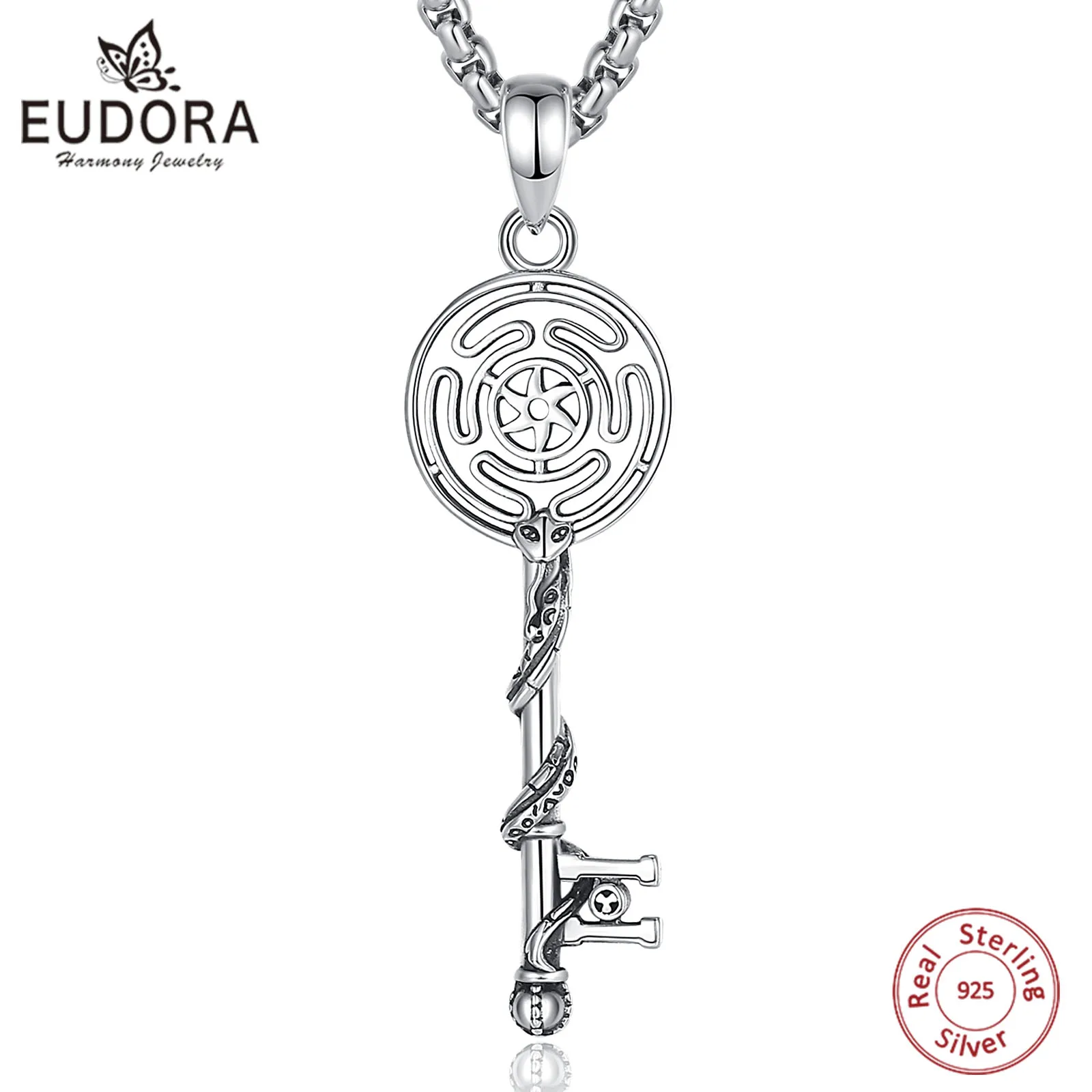 Eudora 925 Sterling Silver Hecate Wheel Necklace Snake Key Triple Moon Goddess Pendant Witch Pagan Jewelry Gift for Women Man