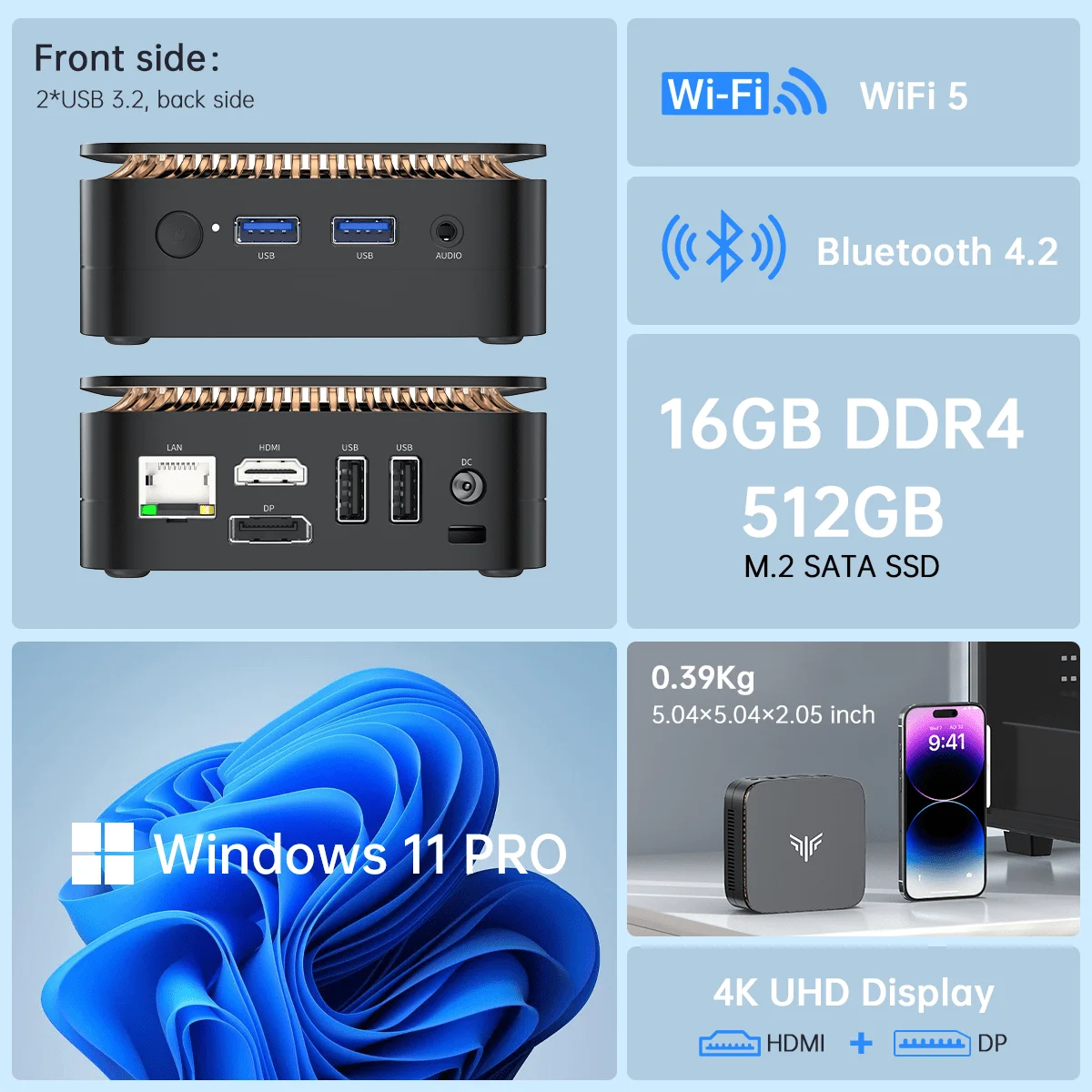 كمبيوتر صغير ACEMAGIC E1 Intel N95 DDR4 8GB SSD 256GB على اللوحة WIFI 5 + BT4.2 كمبيوتر صغير للمكتب للأعمال HDMI 2.0 × 1 (4K @ 60 هرتز)